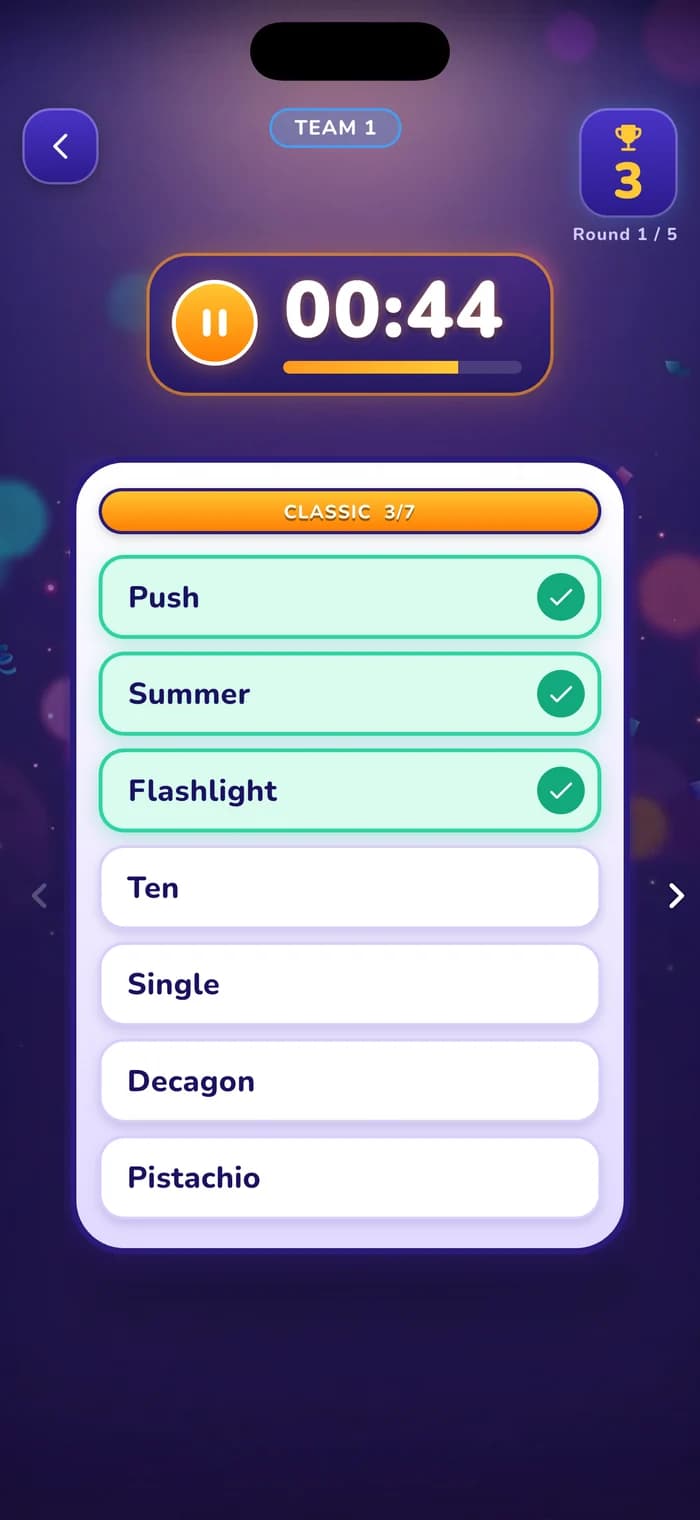 A word card during play with the timer running
