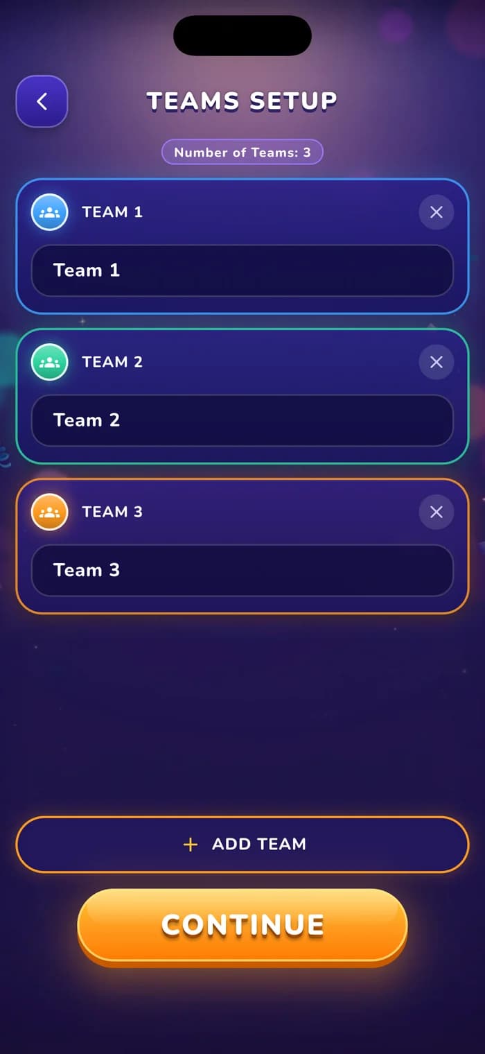 Team setup screen