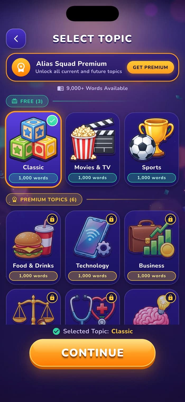 Topic selection screen