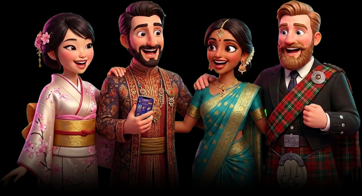 Four friends from around the world laughing together over a phone