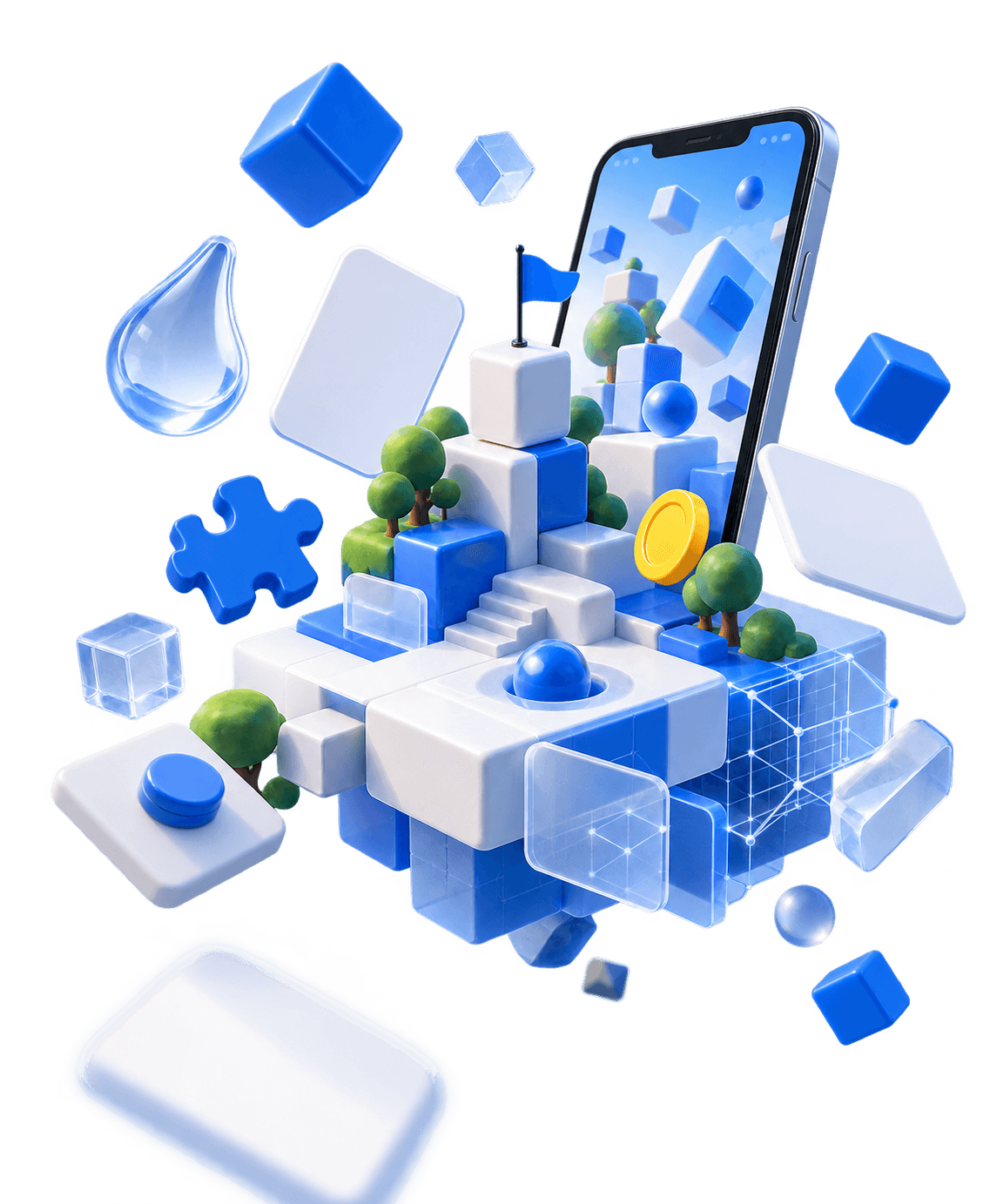 TIRION Studio — an interactive world assembled from platforms, blocks, puzzle geometry and a mobile game screen