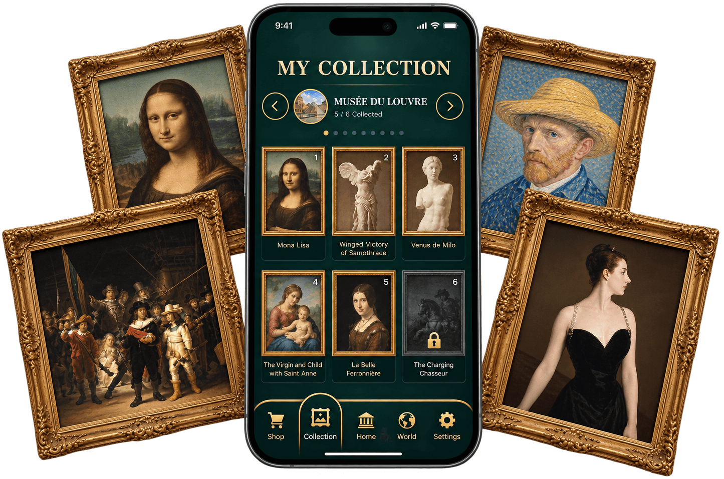 The My Collection screen with framed artworks around it