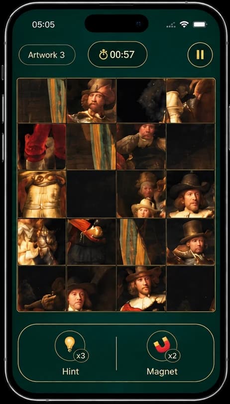 Game screen with the blocks of a painting shuffled out of order